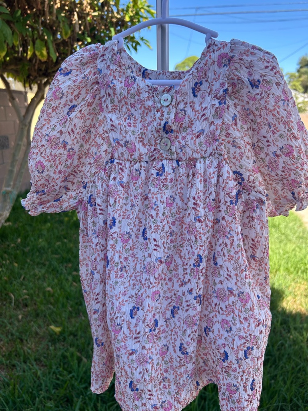 Zara Pink & Blue Floral Puff-Sleeve Smocked Dress